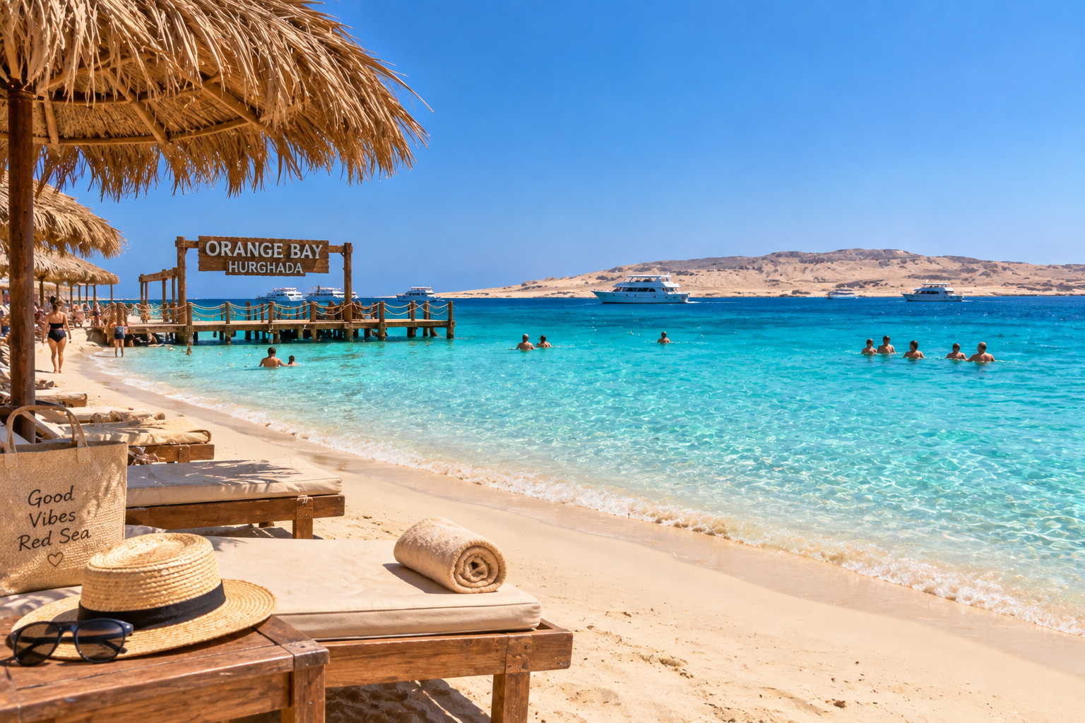 Beautiful sandy beach with clear turquoise Red Sea water in Hurghada, Egypt