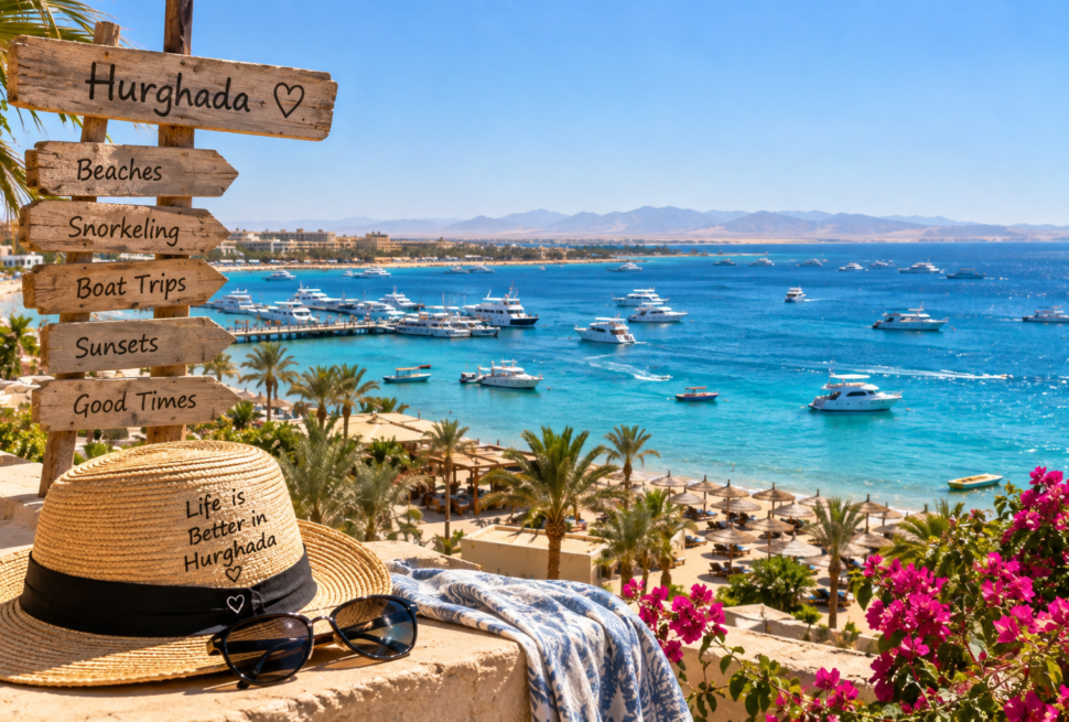 Sunny Red Sea coast in Hurghada showing ideal weather for beaches, snorkeling and boat trips