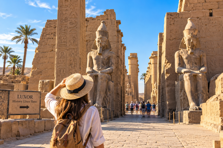 Traveler visiting ancient temples in Luxor during a Hurghada to Luxor day trip