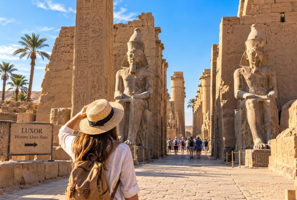 Traveler visiting ancient temples in Luxor during a Hurghada to Luxor day trip