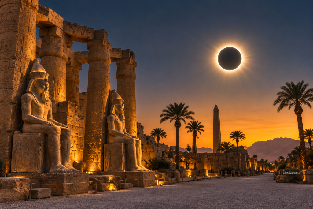 Luxor Temple during the Total Solar Eclipse in Luxor, Egypt on August 2, 2027