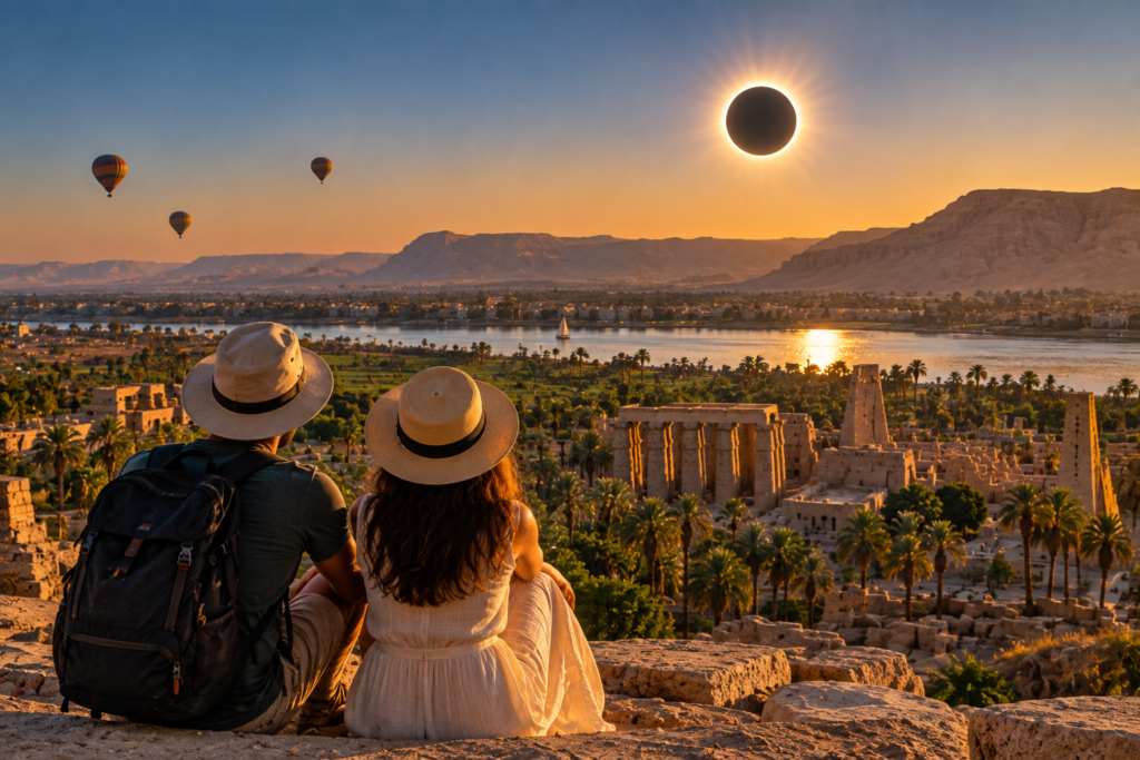 Travelers watching the Total Solar Eclipse in Luxor, Egypt on August 2, 2027 overlooking the Nile and ancient temples