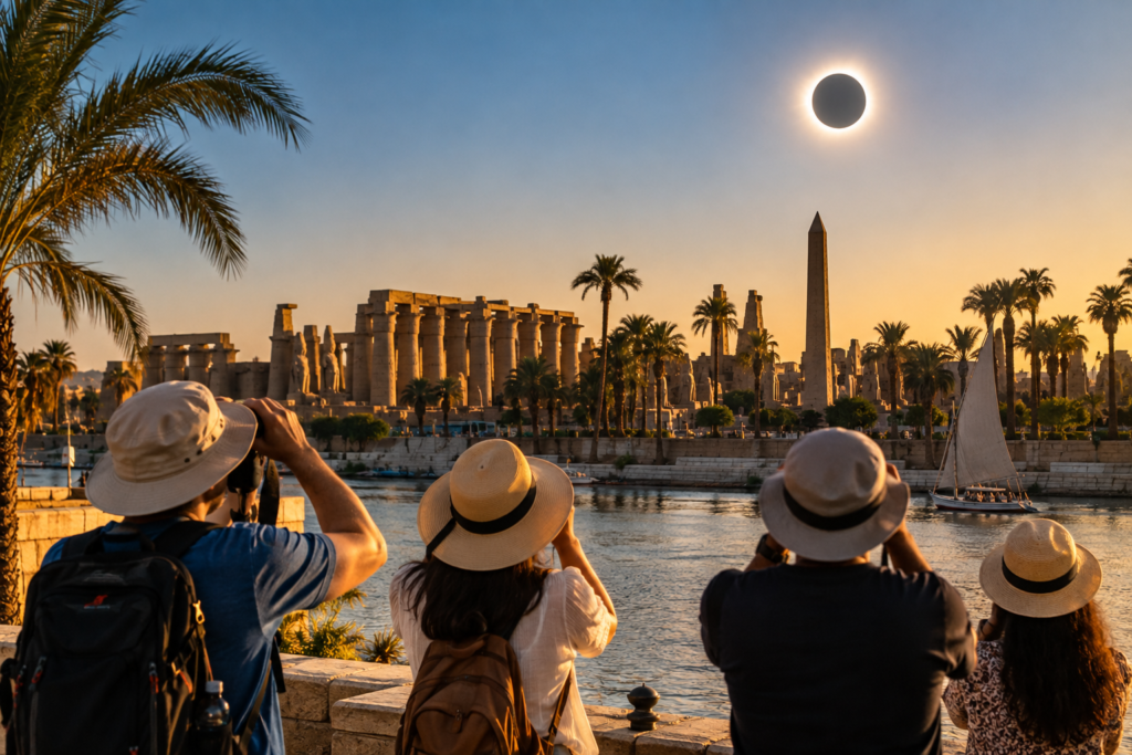 Travelers watching the Total Solar Eclipse in Luxor, Egypt on August 2, 2027 near the Nile and ancient temples
