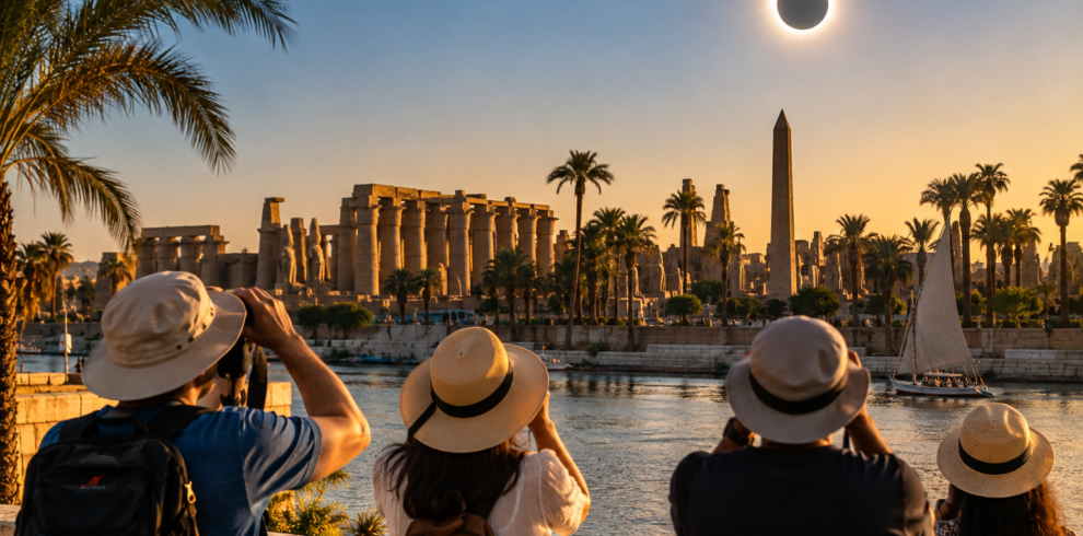 Travelers watching the Total Solar Eclipse in Luxor, Egypt on August 2, 2027 near the Nile and ancient temples